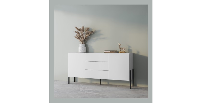 Buffet SALMA 2 portes & 3 tiroirs Push-to-Open – Blanc Super Matt & Noir Mat, 184×90×40 cm