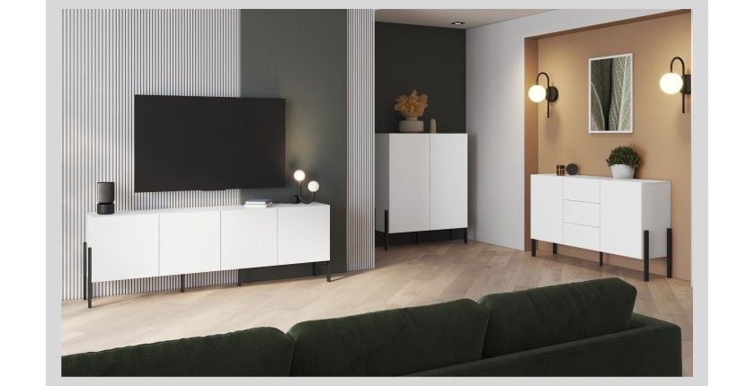 Buffet SALMA 2 portes & 3 tiroirs Push-to-Open – Blanc Super Matt & Noir Mat, 184×90×40 cm