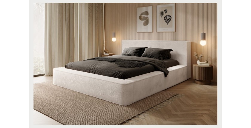 Lit coffre ORLANE – Beige Sable nacré polaire – 160x200 cm – Sommier relevable – Design haut de gamme 