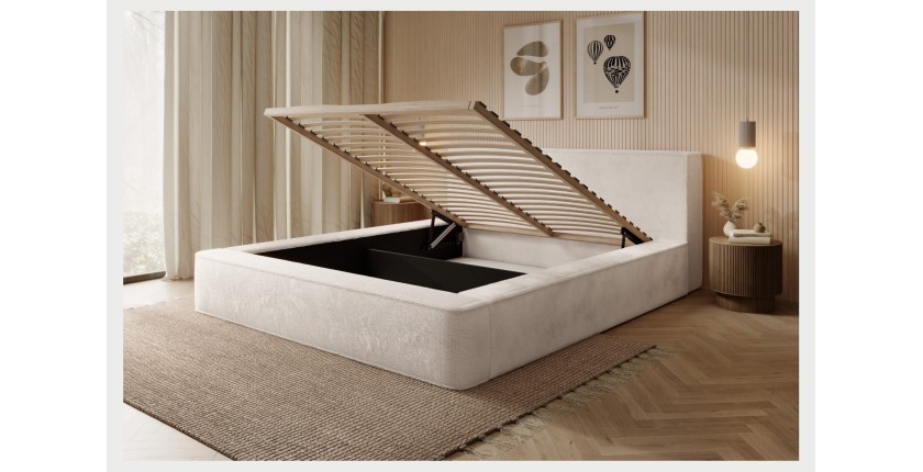 Lit coffre ORLANE – Beige Sable nacré polaire – 160x200 cm – Sommier relevable – Design haut de gamme 