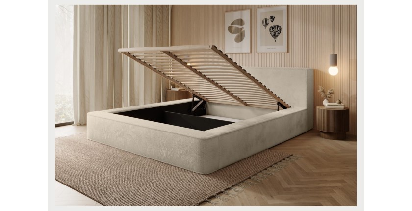Lit coffre ORLANE – Beige Velours de dune – 180x200 cm – Sommier relevable – Design haut de gamme 