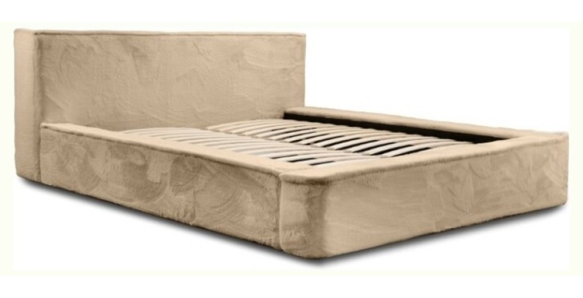 Lit coffre ORLANE – Beige Poudre de miel polaire – 140x200 cm – Sommier relevable – Design haut de gamme 