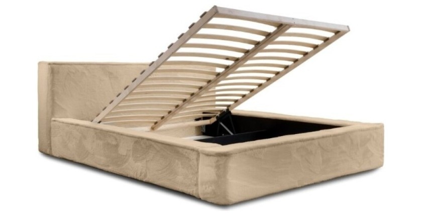 Lit coffre ORLANE – Beige Poudre de miel polaire – 140x200 cm – Sommier relevable – Design haut de gamme 