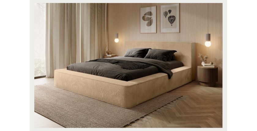 Lit coffre ORLANE – Beige Poudre de miel polaire – 140x200 cm – Sommier relevable – Design haut de gamme 