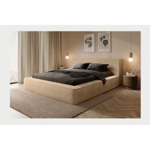 Lit coffre ORLANE – Beige Poudre de miel polaire – 140x200 cm – Sommier relevable – Design haut de gamme 