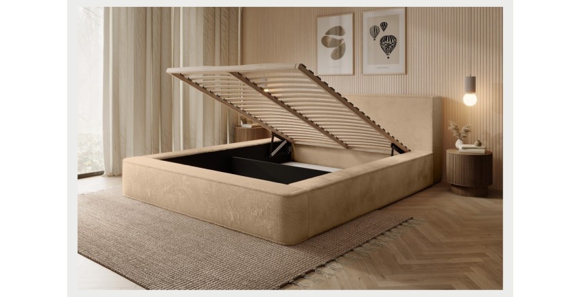Lit coffre ORLANE – Beige Poudre de miel polaire – 140x200 cm – Sommier relevable – Design haut de gamme 