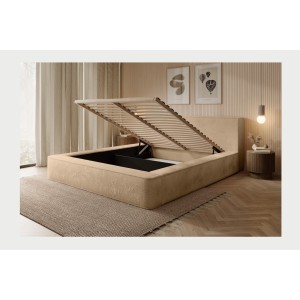 Lit coffre ORLANE – Beige Poudre de miel polaire – 140x200 cm – Sommier relevable – Design haut de gamme 