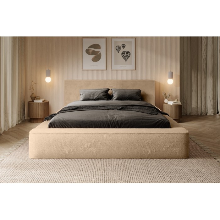 Lit coffre ORLANE – Beige Poudre de miel polaire – 160x200 cm – Sommier relevable – Design haut de gamme