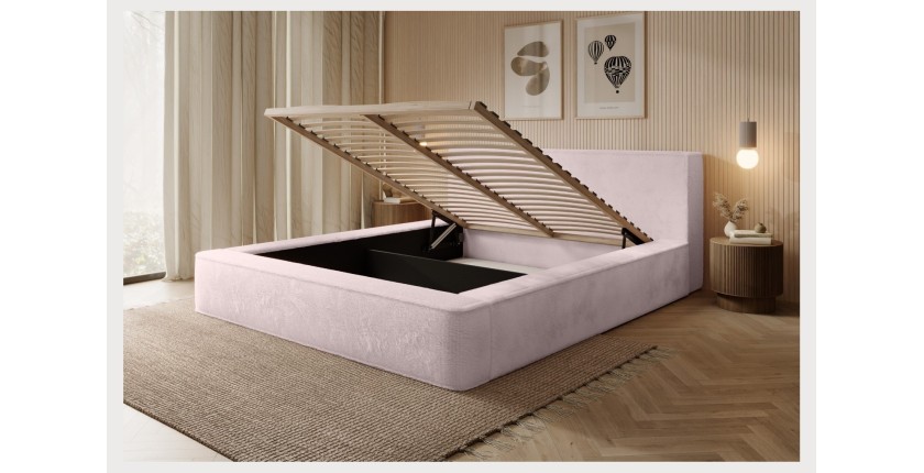 Lit coffre ORLANE – Rose Poussière de rose polaire – 180x200 cm – Sommier relevable – Design haut de gamme 