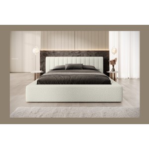 Lit coffre CERVIN – Gris Lin naturel bouclé – 140x200 cm – Sommier relevable – Design haut de gamme