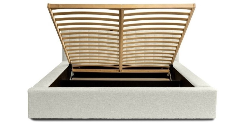 Lit coffre CERVIN – Gris Lin naturel bouclé – 140x200 cm – Sommier relevable – Design haut de gamme 