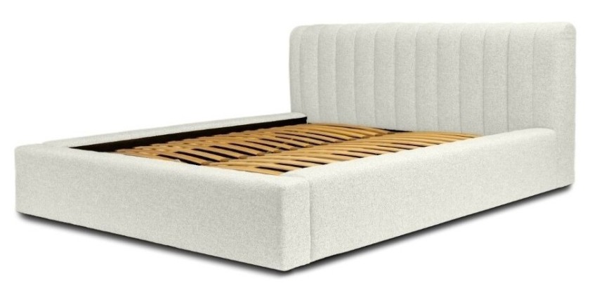 Lit coffre CERVIN – Gris Lin naturel bouclé – 140x200 cm – Sommier relevable – Design haut de gamme 