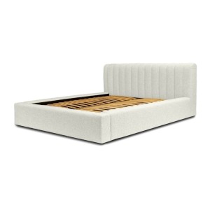 Lit coffre CERVIN – Gris Lin naturel bouclé – 140x200 cm – Sommier relevable – Design haut de gamme 