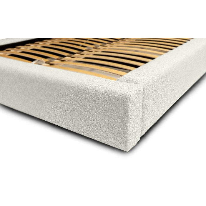 Lit coffre CERVIN – Gris Lin naturel bouclé – 140x200 cm – Sommier relevable – Design haut de gamme 