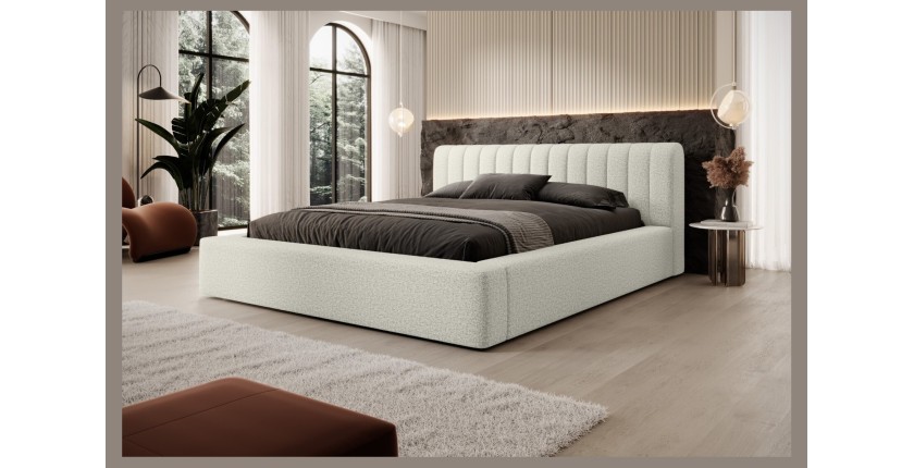 Lit coffre CERVIN – Gris Lin naturel bouclé – 140x200 cm – Sommier relevable – Design haut de gamme 