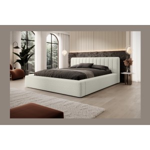 Lit coffre CERVIN – Gris Lin naturel bouclé – 140x200 cm – Sommier relevable – Design haut de gamme 