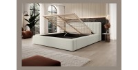 Lit coffre CERVIN – Gris Lin naturel bouclé – 140x200 cm – Sommier relevable – Design haut de gamme 
