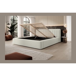 Lit coffre CERVIN – Gris Lin naturel bouclé – 140x200 cm – Sommier relevable – Design haut de gamme 