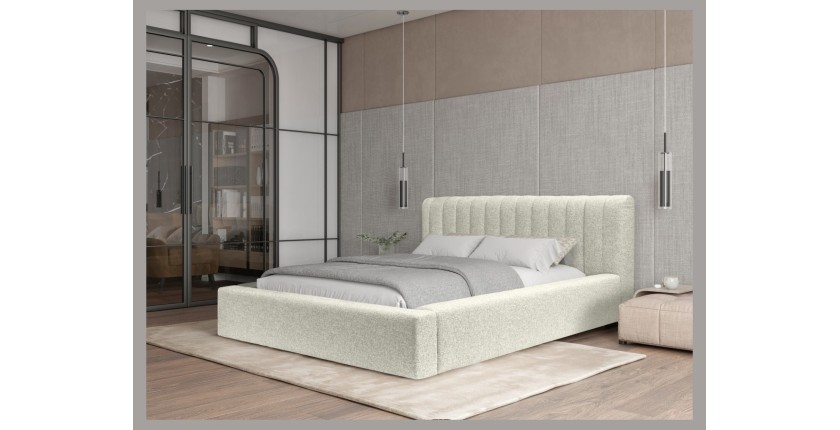 Lit coffre CERVIN – Gris Lin naturel bouclé – 140x200 cm – Sommier relevable – Design haut de gamme 