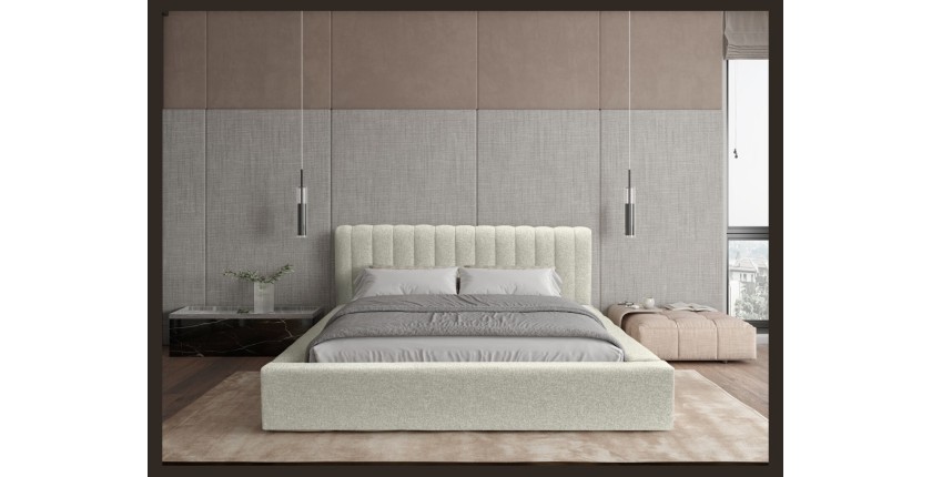 Lit coffre CERVIN – Gris Lin naturel bouclé – 140x200 cm – Sommier relevable – Design haut de gamme 