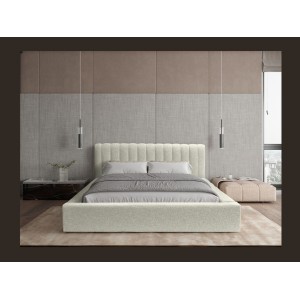 Lit coffre CERVIN – Gris Lin naturel bouclé – 140x200 cm – Sommier relevable – Design haut de gamme 