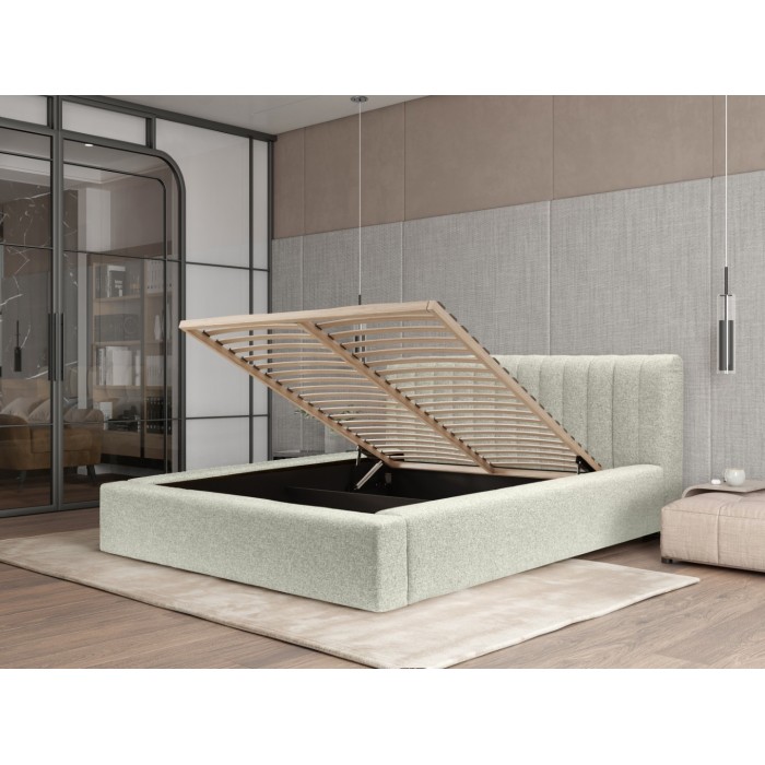 Lit coffre CERVIN – Gris Lin naturel bouclé – 140x200 cm – Sommier relevable – Design haut de gamme 