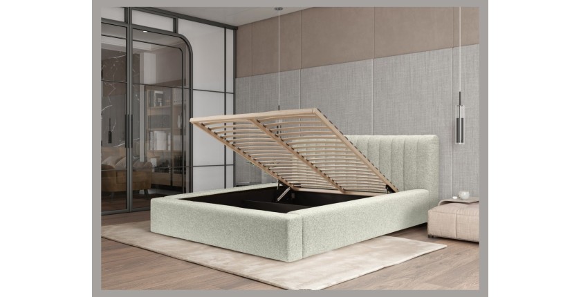 Lit coffre CERVIN – Gris Lin naturel bouclé – 140x200 cm – Sommier relevable – Design haut de gamme 
