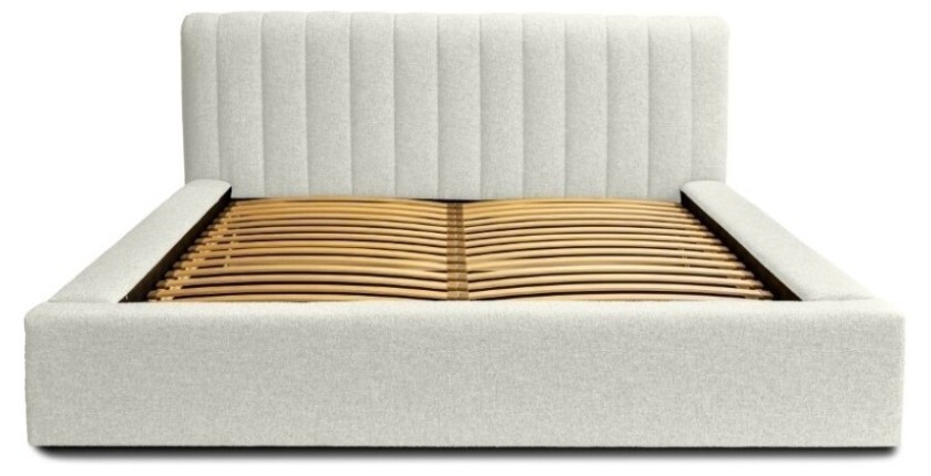Lit coffre CERVIN – Gris Lin naturel bouclé – 180x200 cm – Sommier relevable – Design haut de gamme 