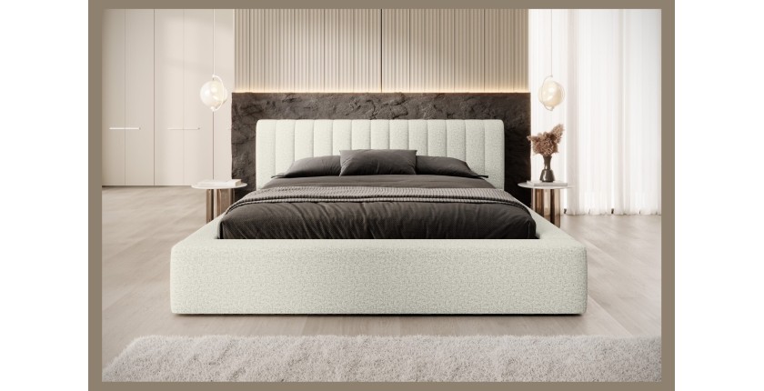 Lit coffre CERVIN – Gris Lin naturel bouclé – 180x200 cm – Sommier relevable – Design haut de gamme