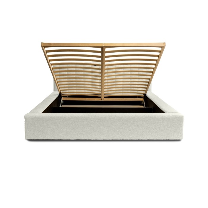 Lit coffre CERVIN – Gris Lin naturel bouclé – 180x200 cm – Sommier relevable – Design haut de gamme 