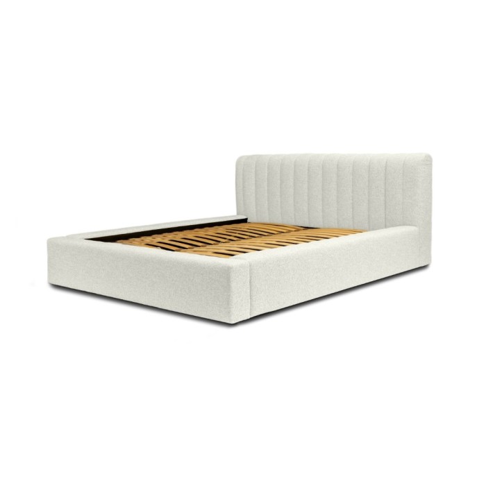 Lit coffre CERVIN – Gris Lin naturel bouclé – 180x200 cm – Sommier relevable – Design haut de gamme 