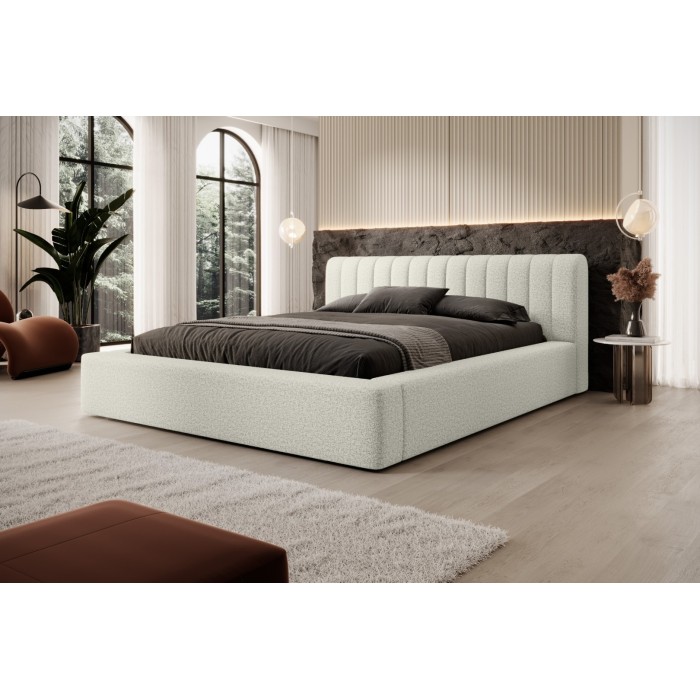 Lit coffre CERVIN – Gris Lin naturel bouclé – 180x200 cm – Sommier relevable – Design haut de gamme 