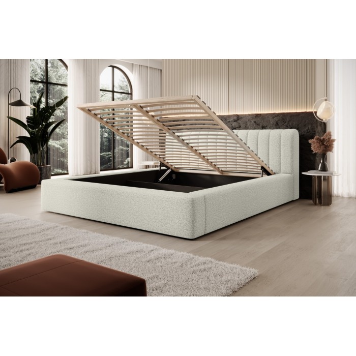 Lit coffre CERVIN – Gris Lin naturel bouclé – 180x200 cm – Sommier relevable – Design haut de gamme 