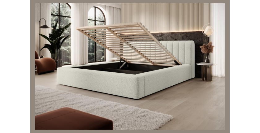 Lit coffre CERVIN – Gris Lin naturel bouclé – 180x200 cm – Sommier relevable – Design haut de gamme 