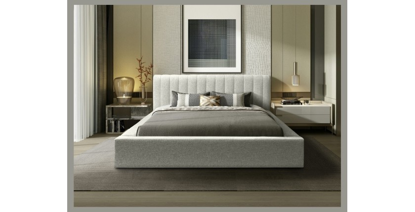 Lit coffre CERVIN – Gris Lin naturel bouclé – 180x200 cm – Sommier relevable – Design haut de gamme 
