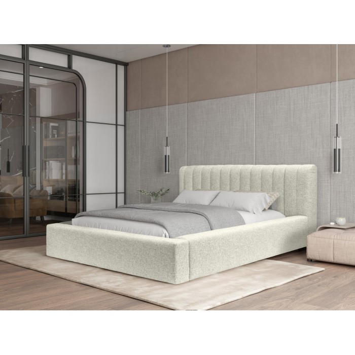 Lit coffre CERVIN – Gris Lin naturel bouclé – 180x200 cm – Sommier relevable – Design haut de gamme 
