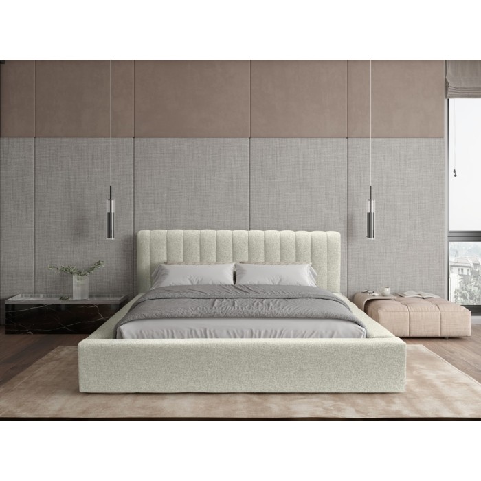 Lit coffre CERVIN – Gris Lin naturel bouclé – 180x200 cm – Sommier relevable – Design haut de gamme 