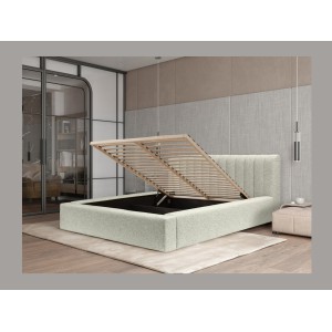 Lit coffre CERVIN – Gris Lin naturel bouclé – 180x200 cm – Sommier relevable – Design haut de gamme 