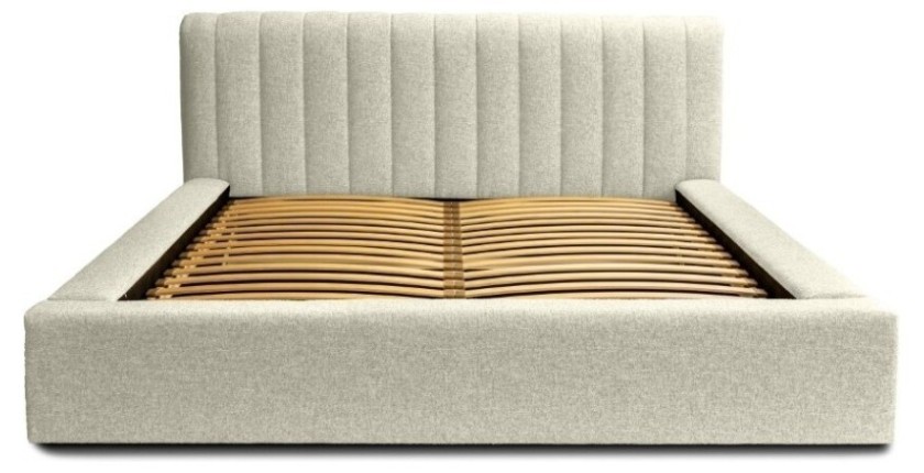 Lit coffre CERVIN – Taupe sablé bouclé – 140x200 cm – Sommier relevable – Design haut de gamme 