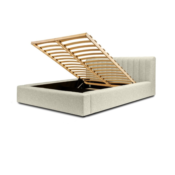 Lit coffre CERVIN – Taupe sablé bouclé – 140x200 cm – Sommier relevable – Design haut de gamme 