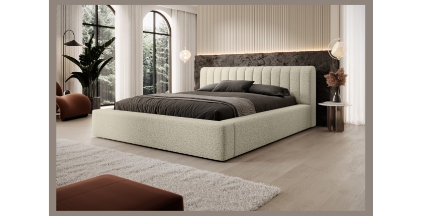 Lit coffre CERVIN – Taupe sablé bouclé – 140x200 cm – Sommier relevable – Design haut de gamme 