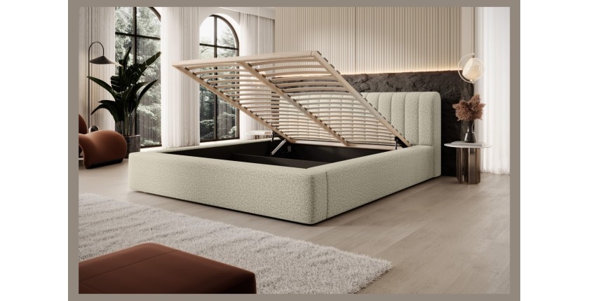 Lit coffre CERVIN – Taupe sablé bouclé – 140x200 cm – Sommier relevable – Design haut de gamme 