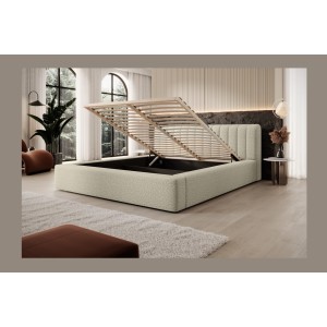 Lit coffre CERVIN – Taupe sablé bouclé – 140x200 cm – Sommier relevable – Design haut de gamme 