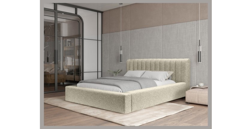 Lit coffre CERVIN – Taupe sablé bouclé – 140x200 cm – Sommier relevable – Design haut de gamme 