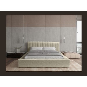Lit coffre CERVIN – Taupe sablé bouclé – 140x200 cm – Sommier relevable – Design haut de gamme 