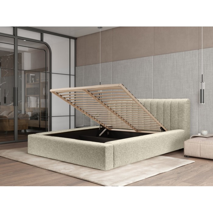 Lit coffre CERVIN – Taupe sablé bouclé – 140x200 cm – Sommier relevable – Design haut de gamme 