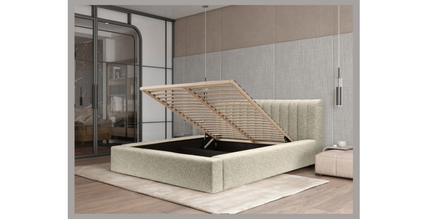 Lit coffre CERVIN – Taupe sablé bouclé – 140x200 cm – Sommier relevable – Design haut de gamme 