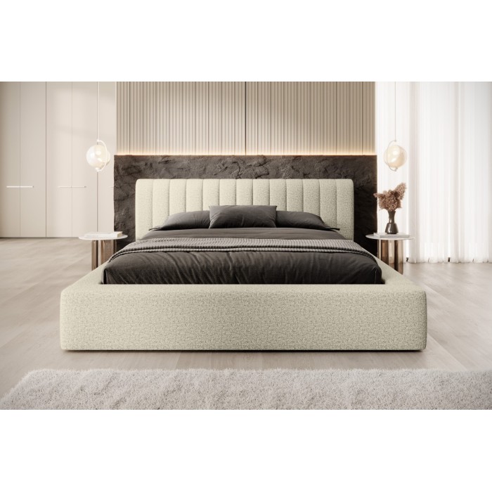 Lit coffre CERVIN – Taupe sablé bouclé – 160x200 cm – Sommier relevable – Design haut de gamme