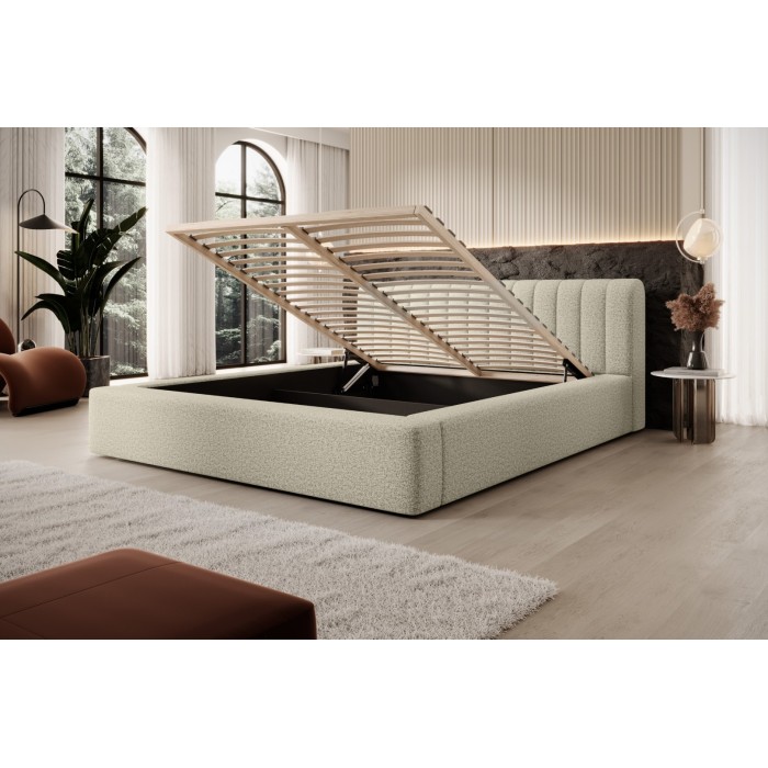 Lit coffre CERVIN – Taupe sablé bouclé – 160x200 cm – Sommier relevable – Design haut de gamme 