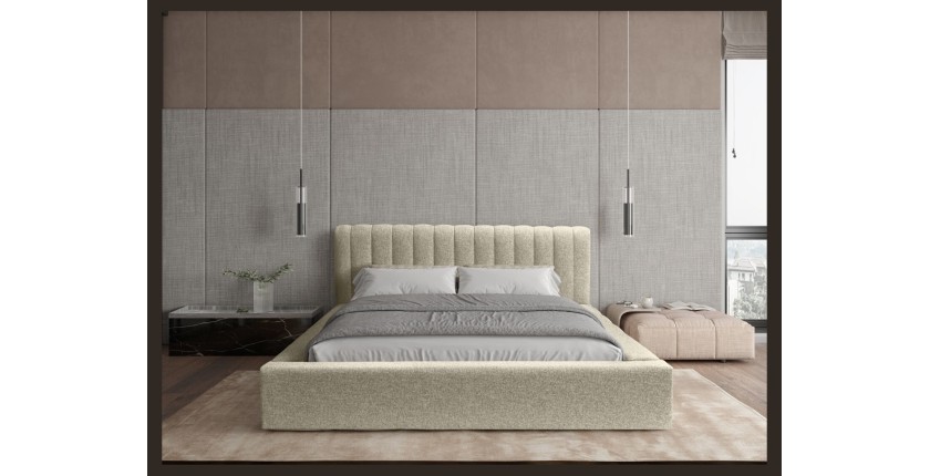 Lit coffre CERVIN – Taupe sablé bouclé – 160x200 cm – Sommier relevable – Design haut de gamme 
